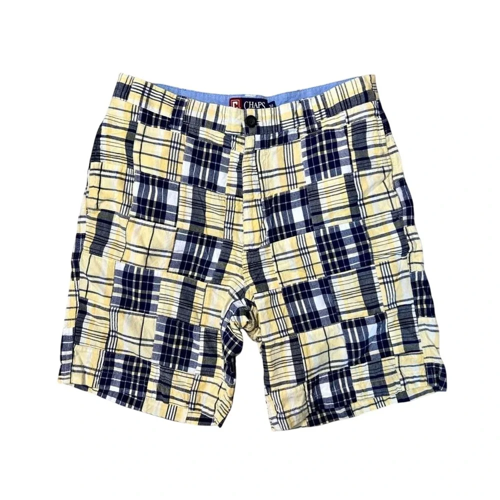 Chaps Madras Blue Yellow Plaid Cotton Shorts Casual 34 Patchwork Retro 8